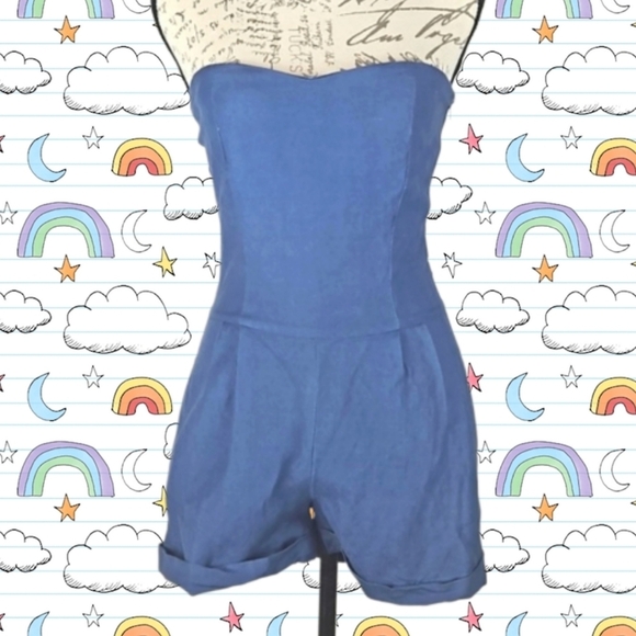 Vintage Arden B. Denim Sleeveless Strapless Shorts Romper, Blue, XS - Picture 6 of 7